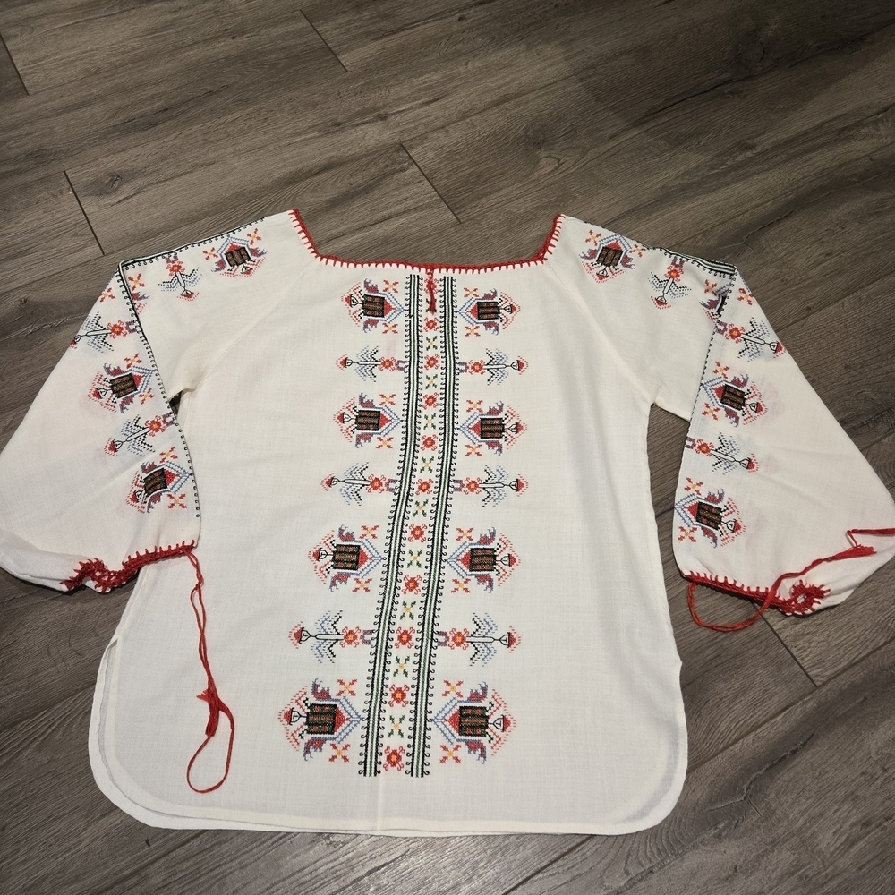 Bohemian White Cotton Tunic and Red Embroidered Blouse